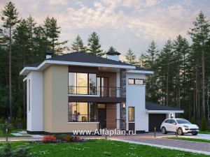 «Формула успеха» - красивый проект двухэтажного дома, из газобетона, с угловыми окнами, с гаражом