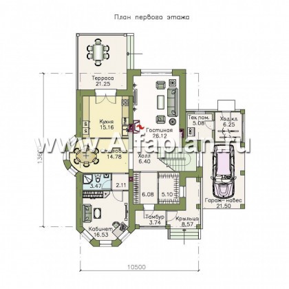«Эллада» - проект двухэтажного дома, с эркером и с террасой, планировка с кабинетом на 1 эт, навес на 1 авто - превью план дома