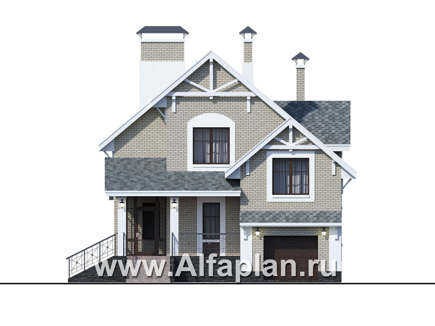 «Белая ночь» - проект дома с фото, мансарда, план мастер спальня, колонны со стороны входа, с гаражом, в классическом стиле - фасад дома