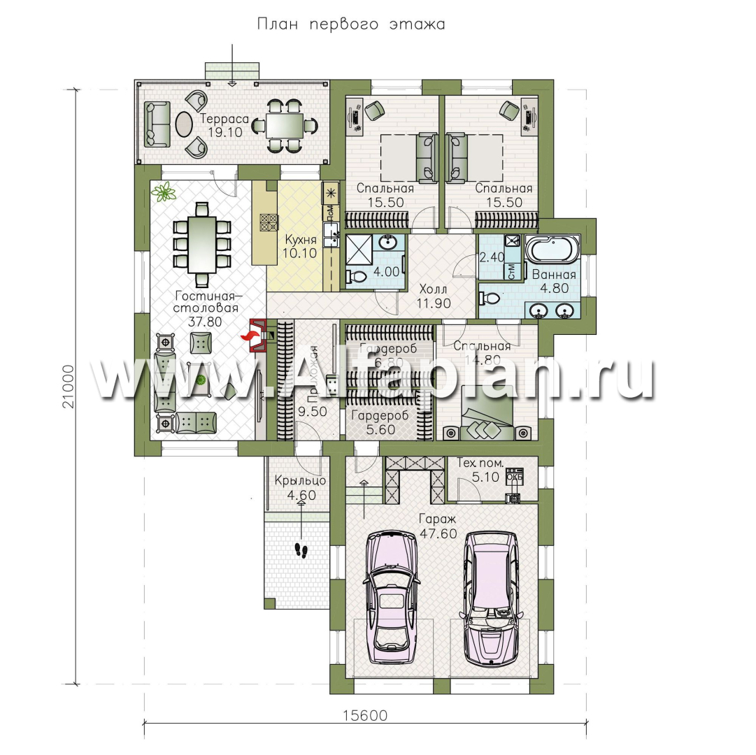 «Покровка» - красивый дом, проект одноэтажногокоттеджа из газобетона, мастер спальня, с террасой и гаражом на 2 авто - план дома