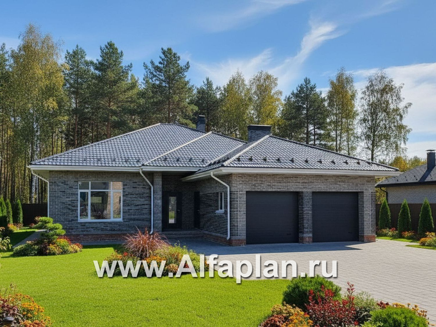 «Покровка» - красивый дом, проект одноэтажногокоттеджа из газобетона, мастер спальня, с террасой и гаражом на 2 авто - основное изображение