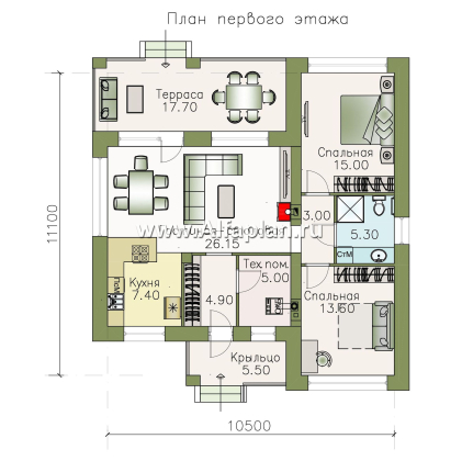 Проекты домов Альфаплан - «Онега» - проект одноэтажного дома с двумя спальнями - превью плана проекта №1
