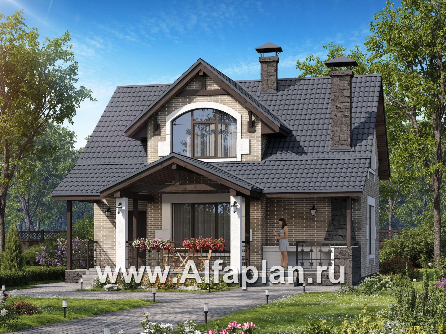 Проекты домов Альфаплан - "Отдых" - проект дома для дачи с мансардой и большой террасой - основное изображение