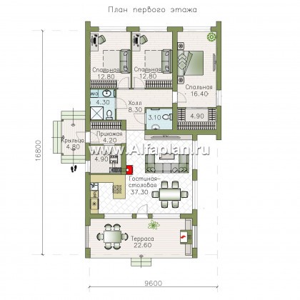 «Каппа» -  проект одноэтажного дома, с террасой, в стиле барн, 3 спальни увеличены - превью план дома