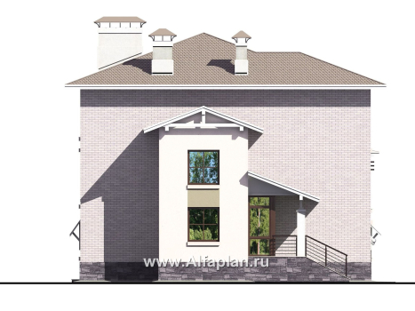 «Светлые времена» - проект трехэтажного дома из кирпича, с сауной и гаражом на 2 авто в цоколе, угловая терраса с панорамным остеклением - превью фасада дома