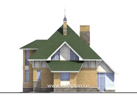 «Петит» - проект дома с мансардой, планировка с полукруглым эркером и с террасой, с пирамидальной кровлей - превью фасада дома