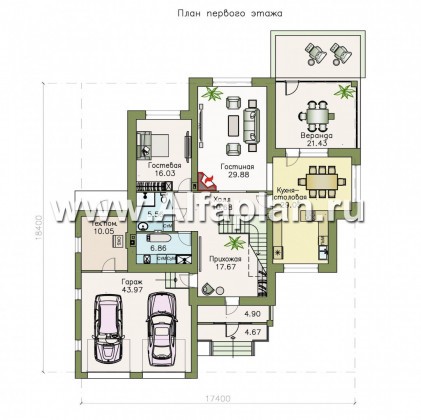 «Аутентик» - проект двухэтажного дома, с двусветным холлом и верандой, арочное окно, гараж на 2 авто, в стиле эклектика - превью план дома