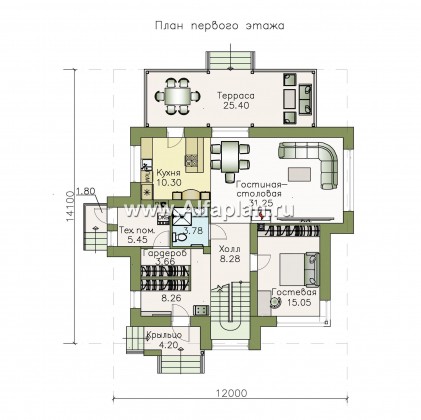 «Сириус» - красивый коттедж, проект дома с мансардой, из кирпича, фасад из штукатурки, с террасой, современный стиль - превью план дома
