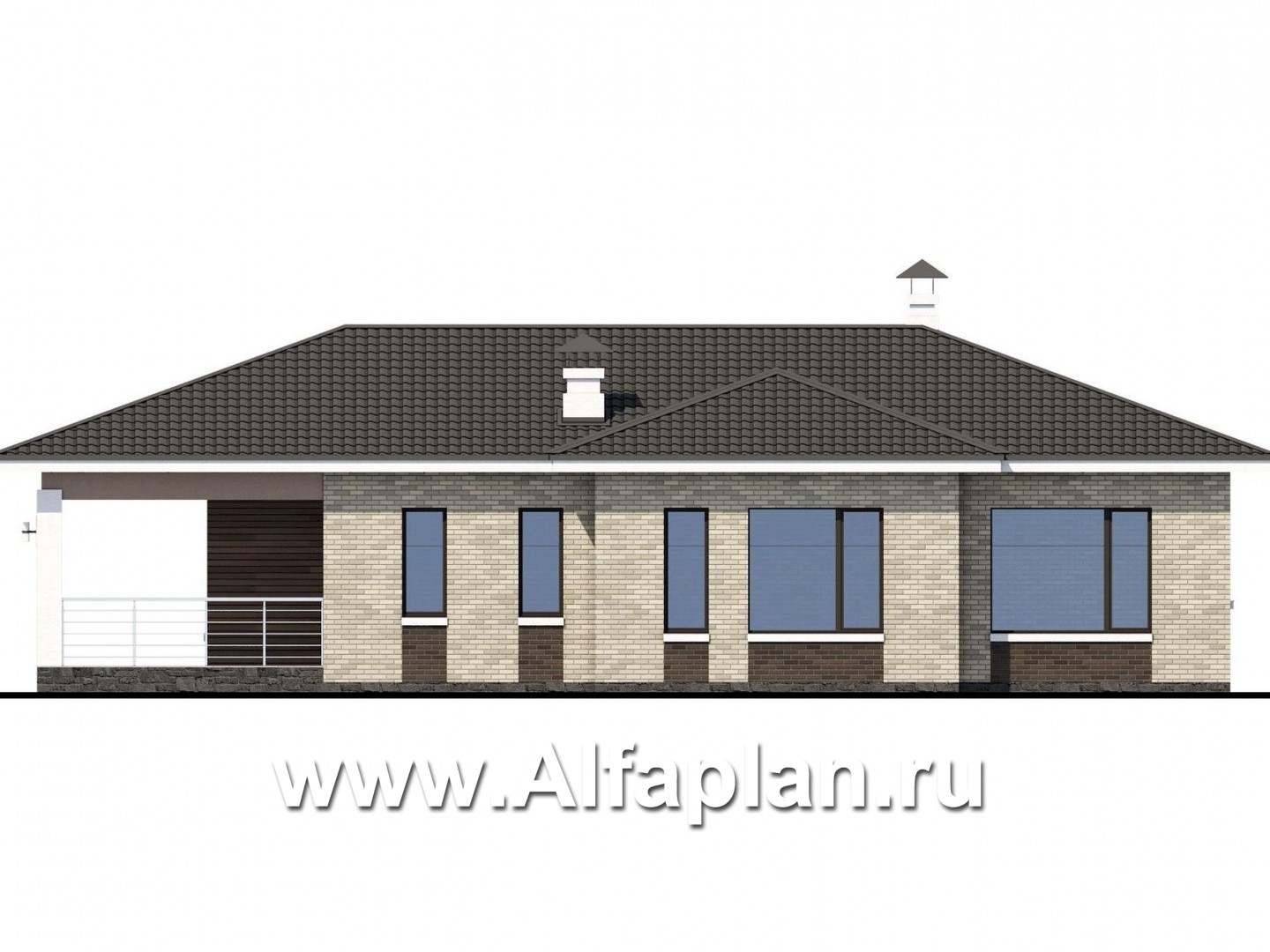 «Терпсихора» - проект одноэтажного дома из кирпича, с террасой, в современном стиле - фасад дома