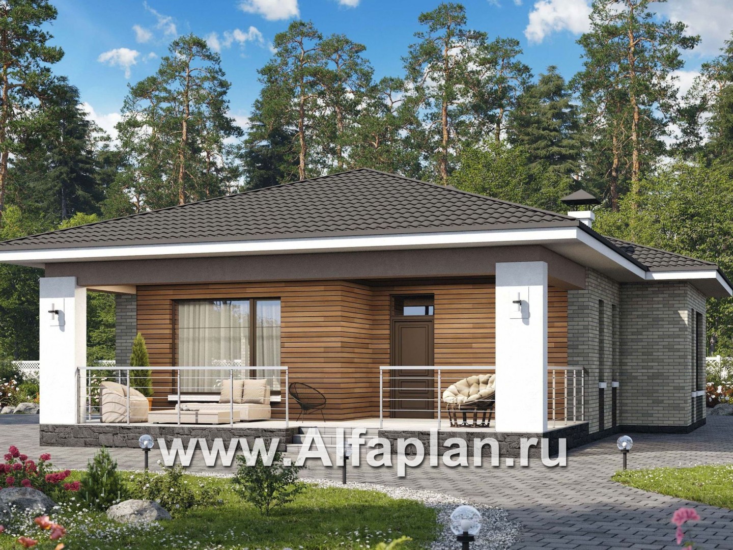 «Терпсихора» - проект одноэтажного дома из кирпича, с террасой, в современном стиле - основное изображение