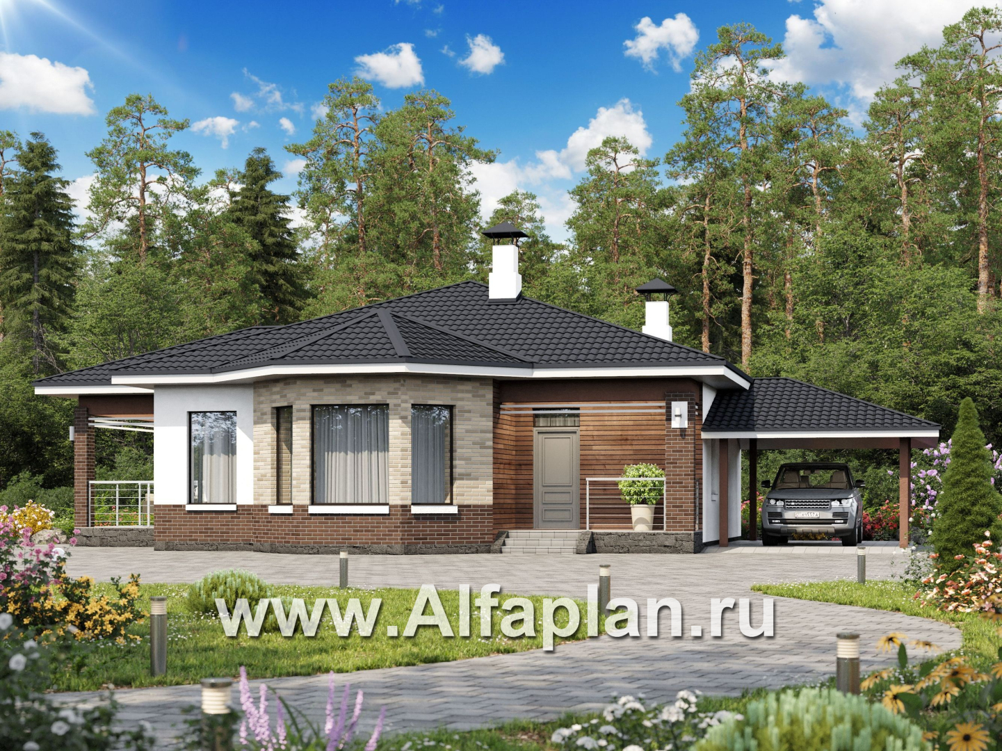 «Гемера» - проект одноэтажного дома, из газобетона, с эркером и террасой, навес на 1 авто - основное изображение