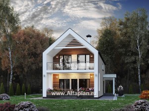 «Барн» - проект дома с мансардой, современный стиль барнхаус, с сауной, с террасой к дому и с балконом