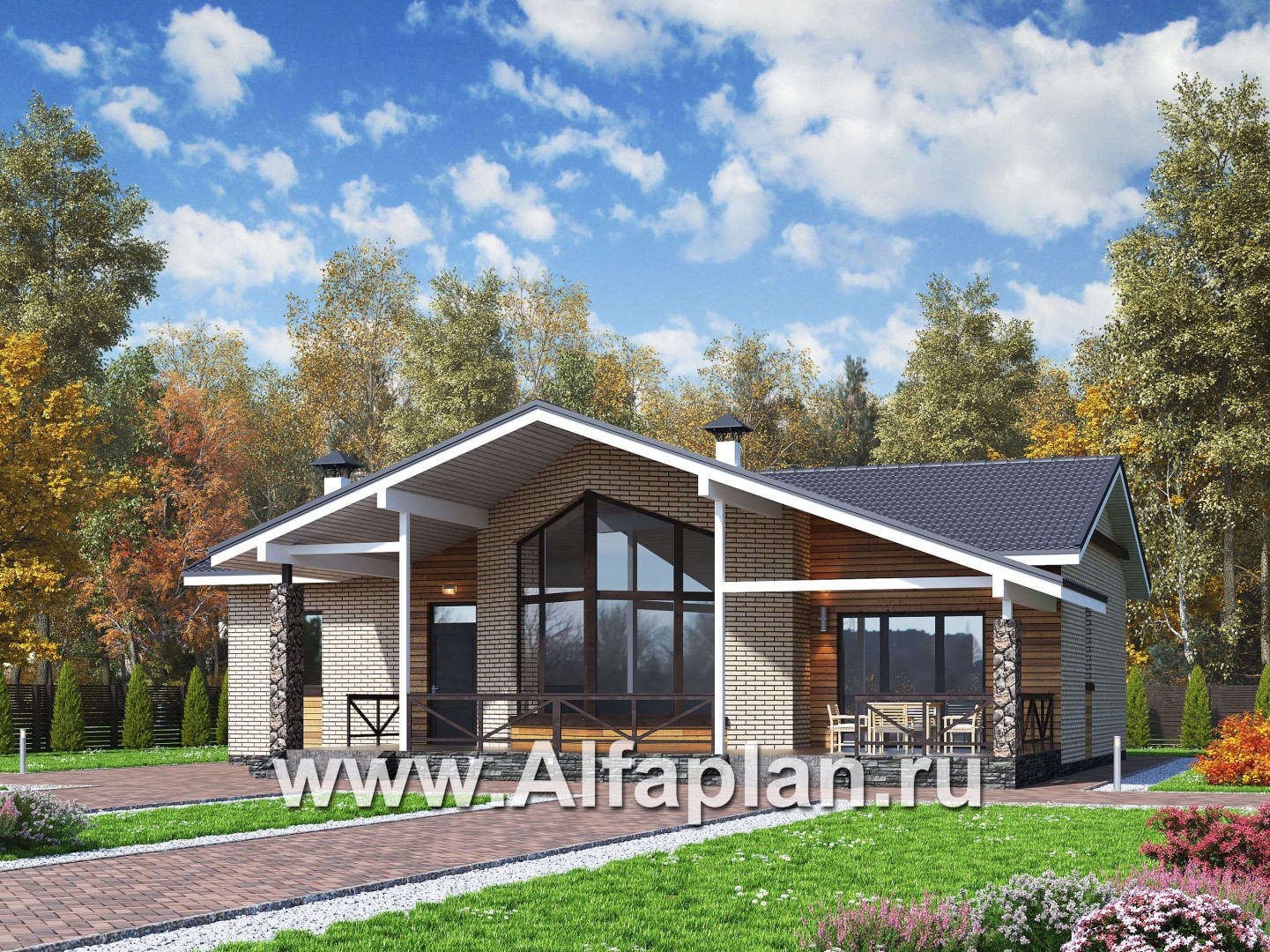 «Вектор» - проект одноэтажного дома, планировка дома с эркером и с террасой, с островным камином - основное изображение