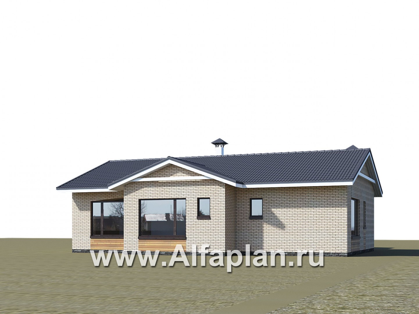 «Вектор» - проект одноэтажного дома, планировка дома с эркером и с террасой, с островным камином - дизайн дома №2