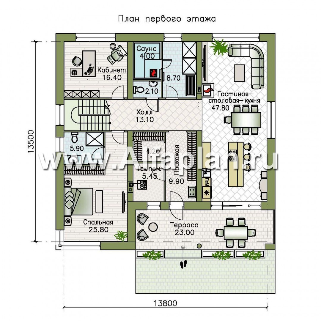 «Спектр» - проект двухэтажного дома, с двумя жилыми комнатами на 1-ом этаже и сауной, в стиле хай-тек - план дома
