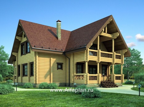 Проект деревянного дома с мансардой, из бревен, с верандой - превью дополнительного изображения №1