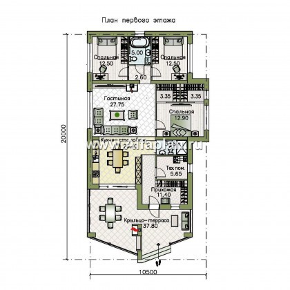 «Гестия» - проект одноэтажного дома, с барбекью на террасе, с двускатной крышей - превью план дома