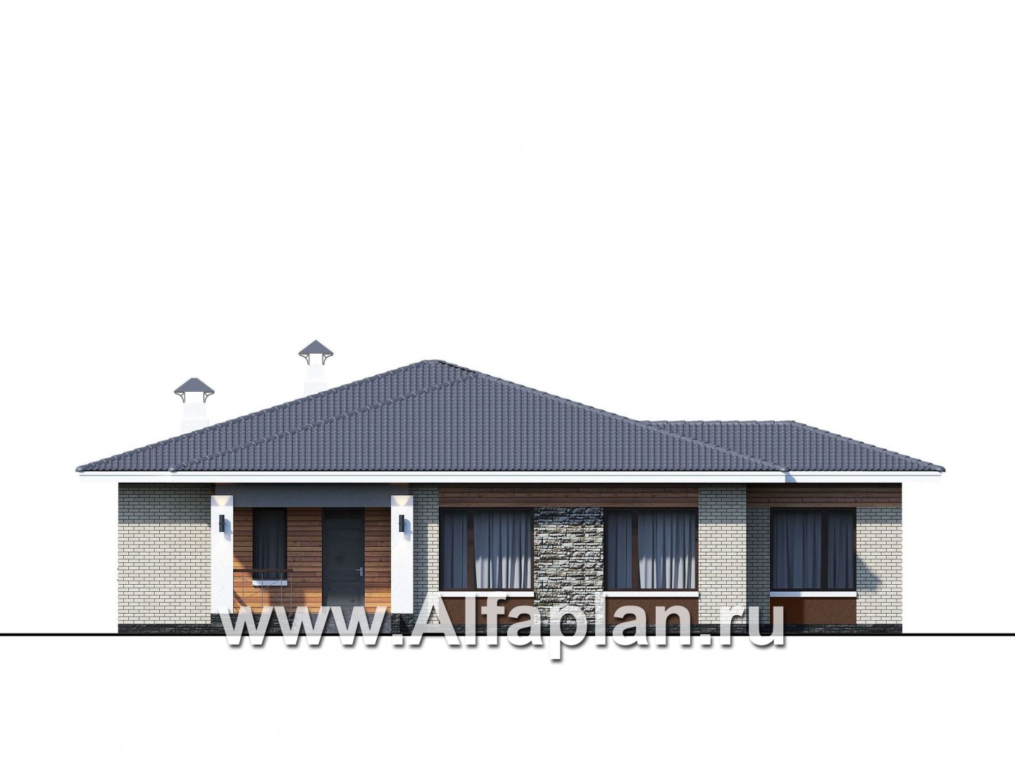 «Горизонталь» - проект одноэтажного дома, в современном стиле, с террасой - фасад дома