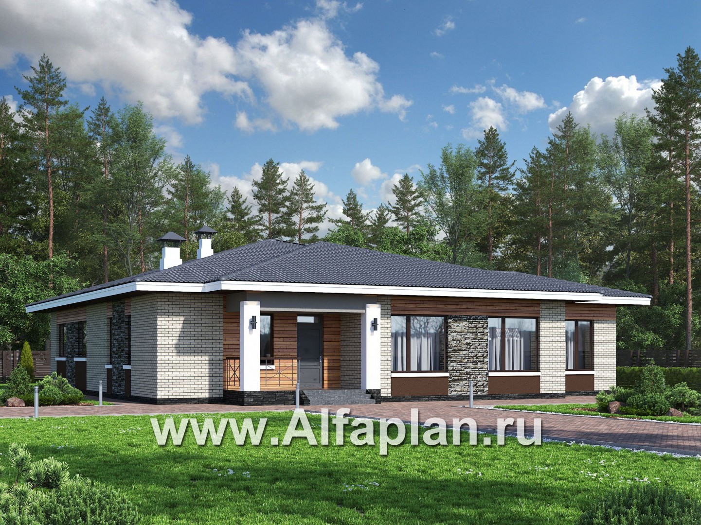 «Горизонталь» - проект одноэтажного дома, в современном стиле, с террасой - основное изображение