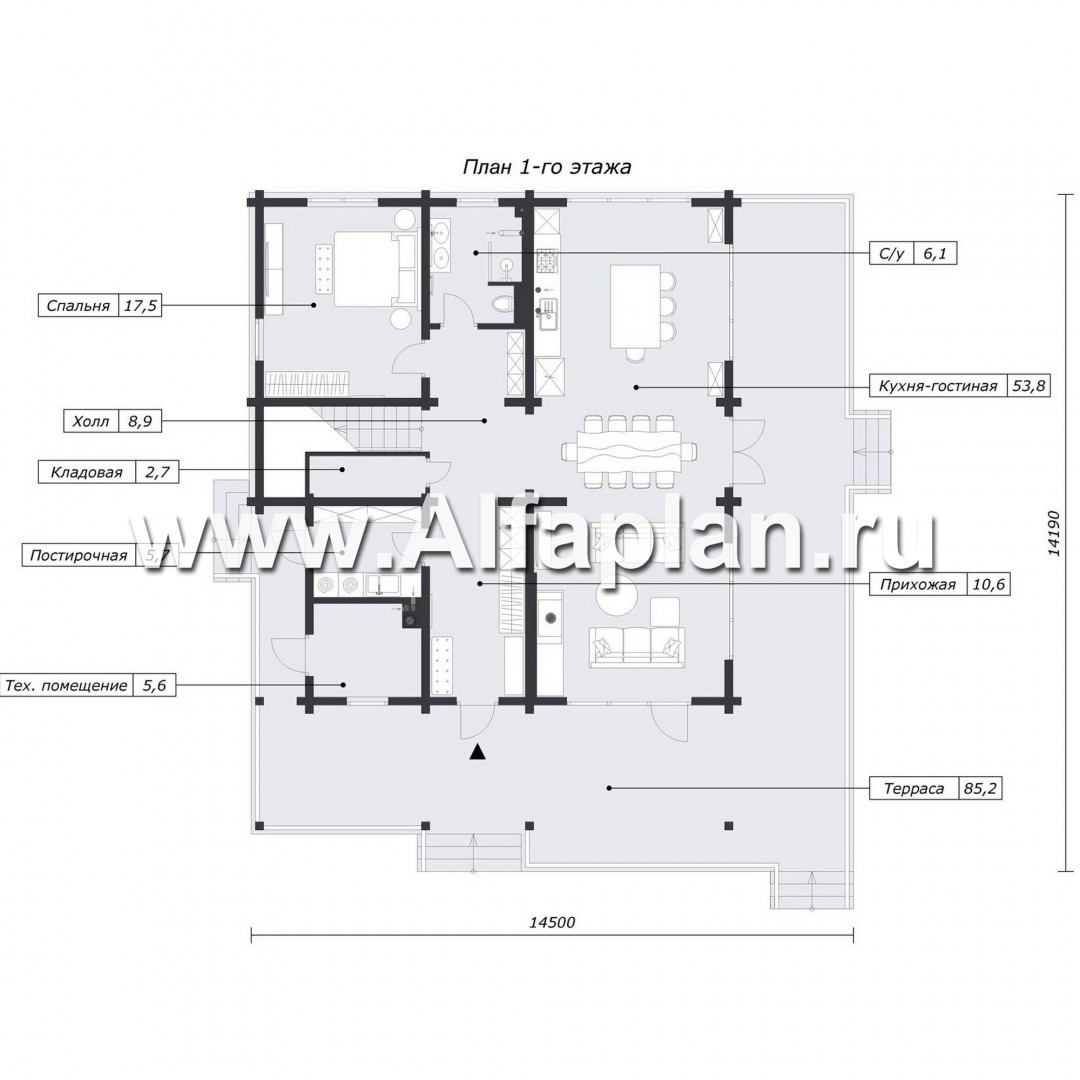 Проект дома с мансардой из бруса, планировка со вторым светом и кабинетом на 1 эт, с террасой. - план дома