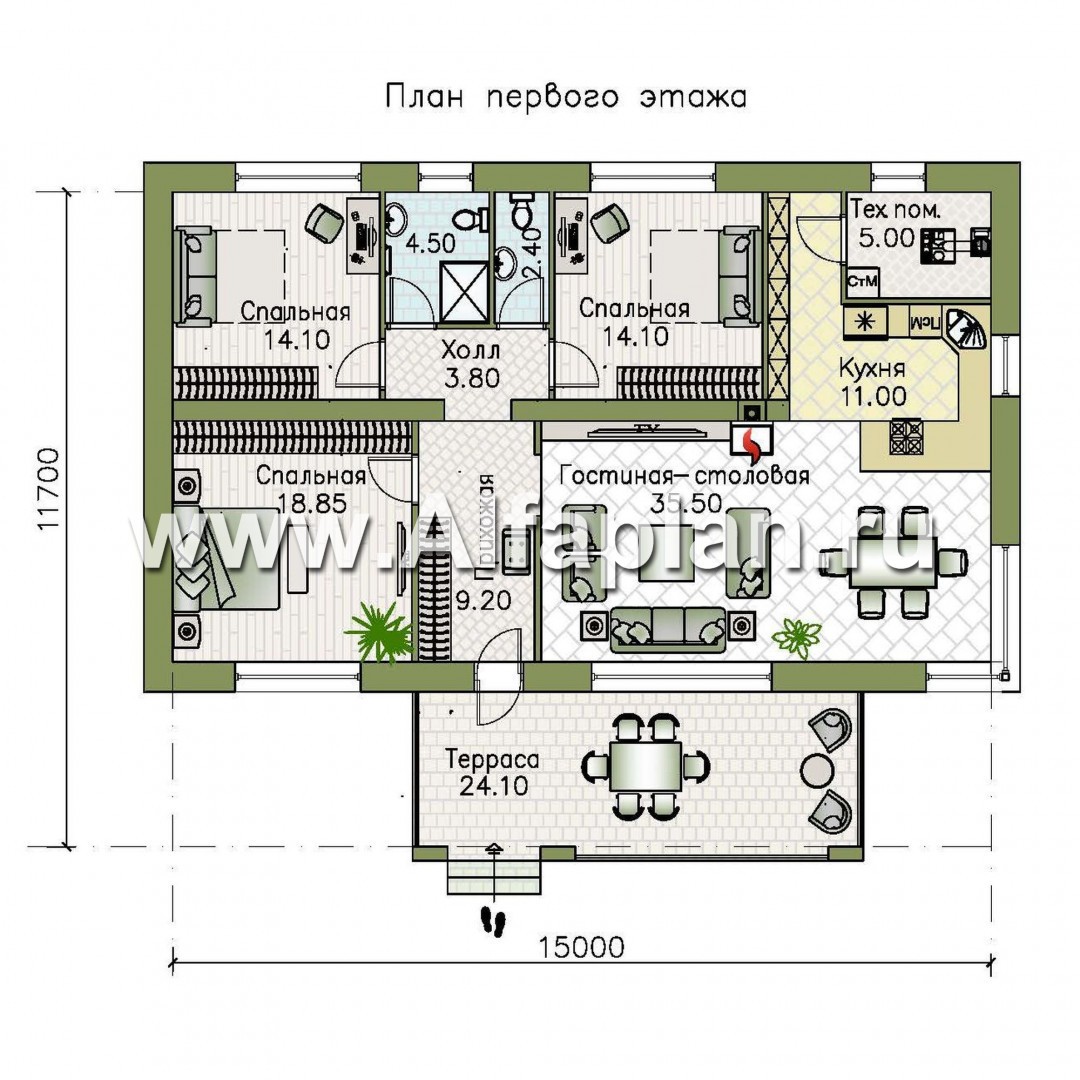 Проекты домов Альфаплан - Проект одноэтажного дома с тремя спальнями - изображение плана проекта №1