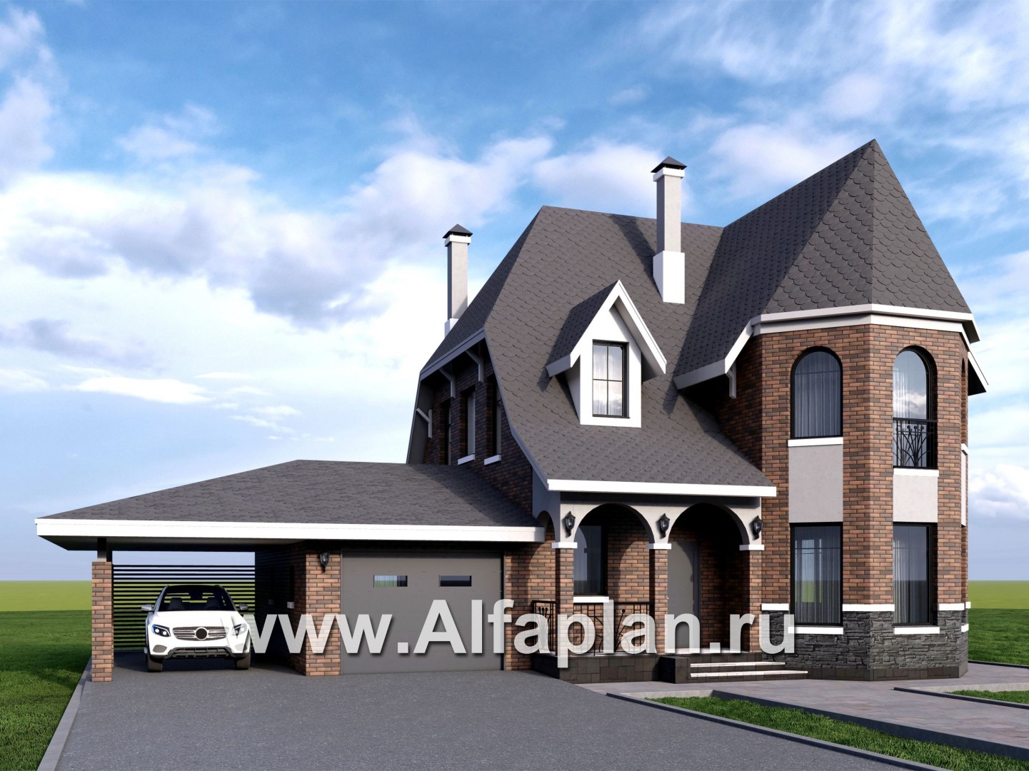 «Аврора» - проект двухэтажного дома из газобетона с эркером, с террасой и гаражом - дизайн дома №1