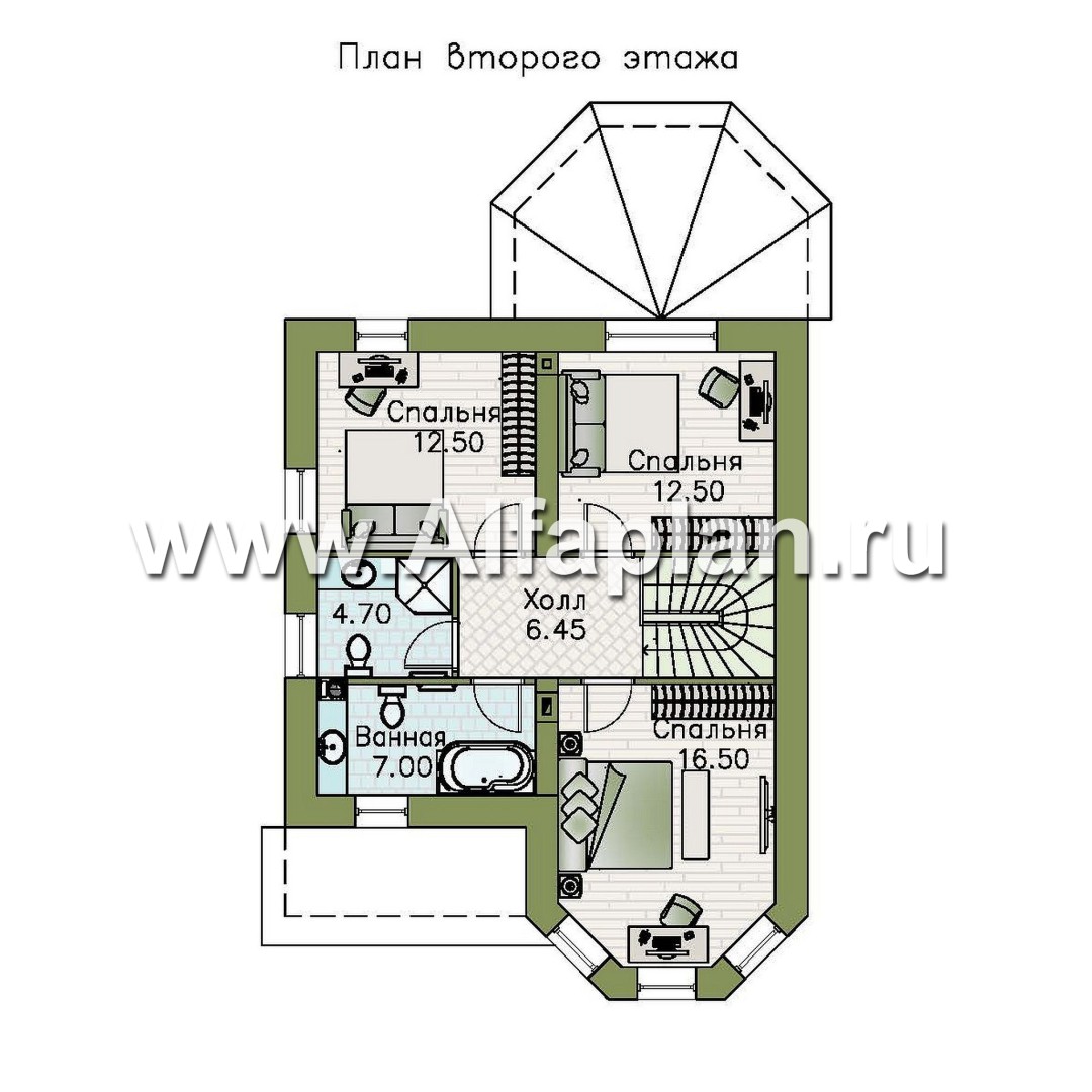 «Аврора» - проект двухэтажного дома из газобетона с эркером, с кабинетом и с террасой - план дома