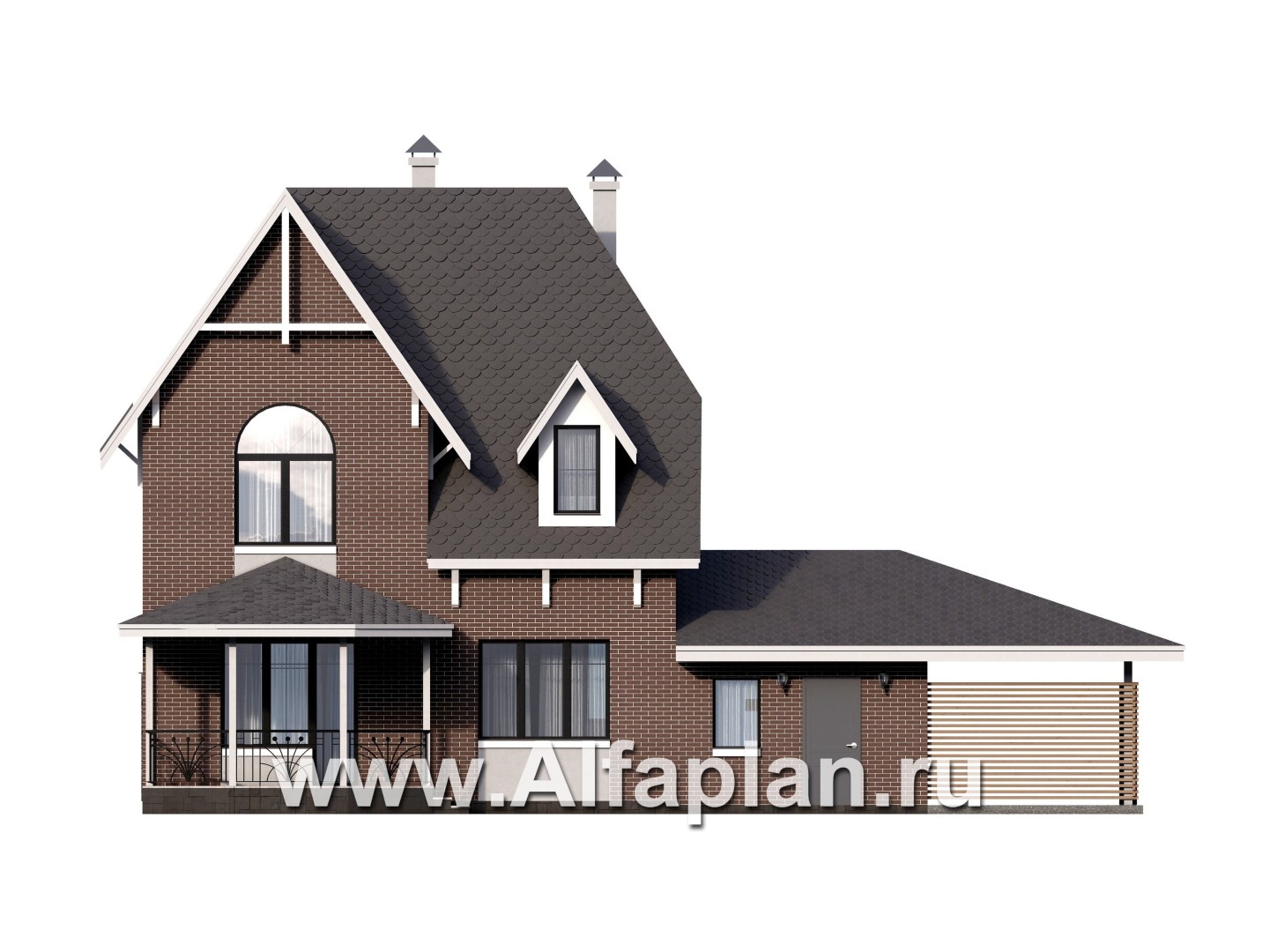 «Аврора» - проект двухэтажного дома из газобетона с эркером, с кабинетом, с террасой и гаражом - фасад дома