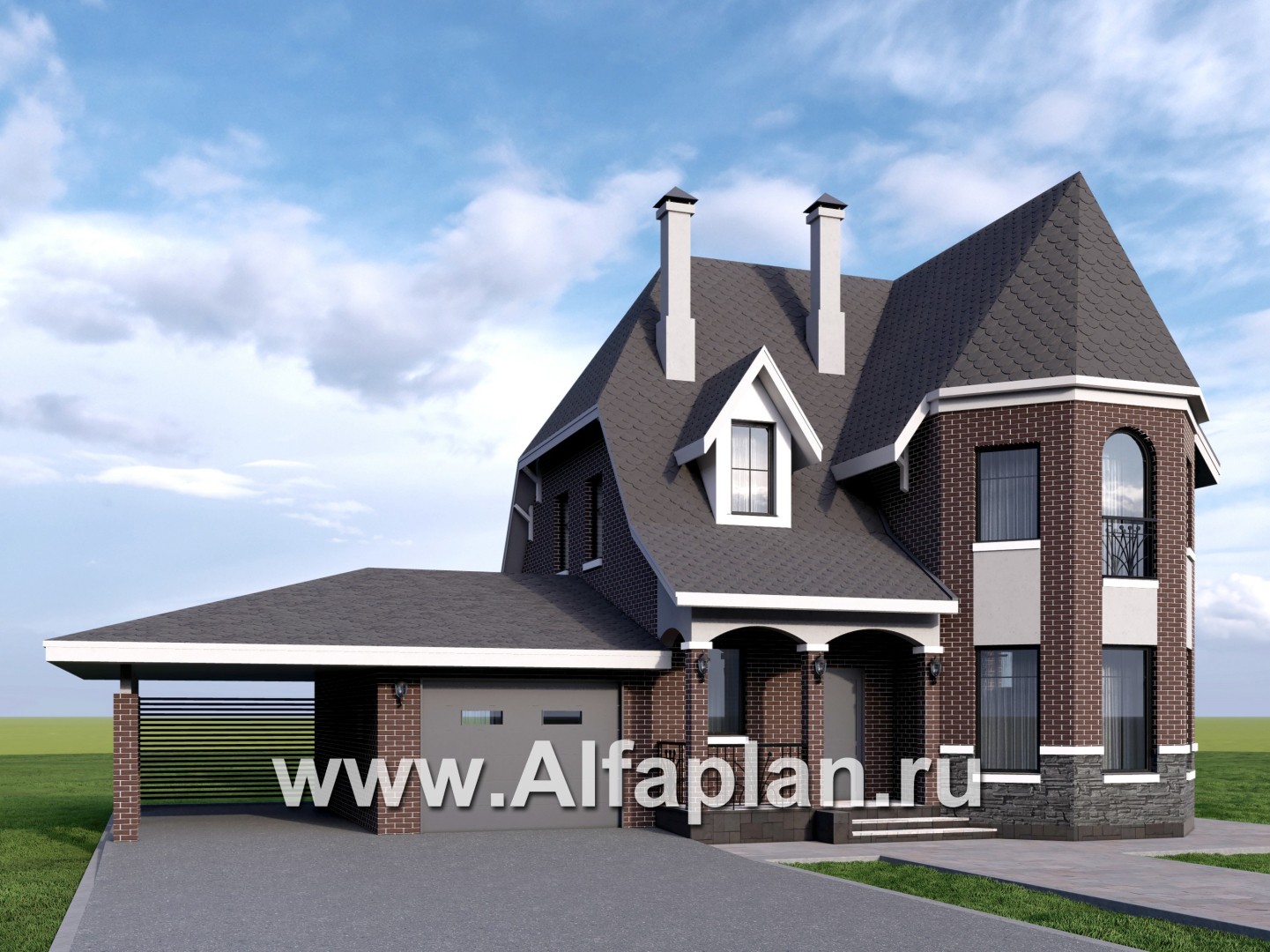 «Аврора» - проект двухэтажного дома из газобетона с эркером, с кабинетом, с террасой и гаражом - дизайн дома №1