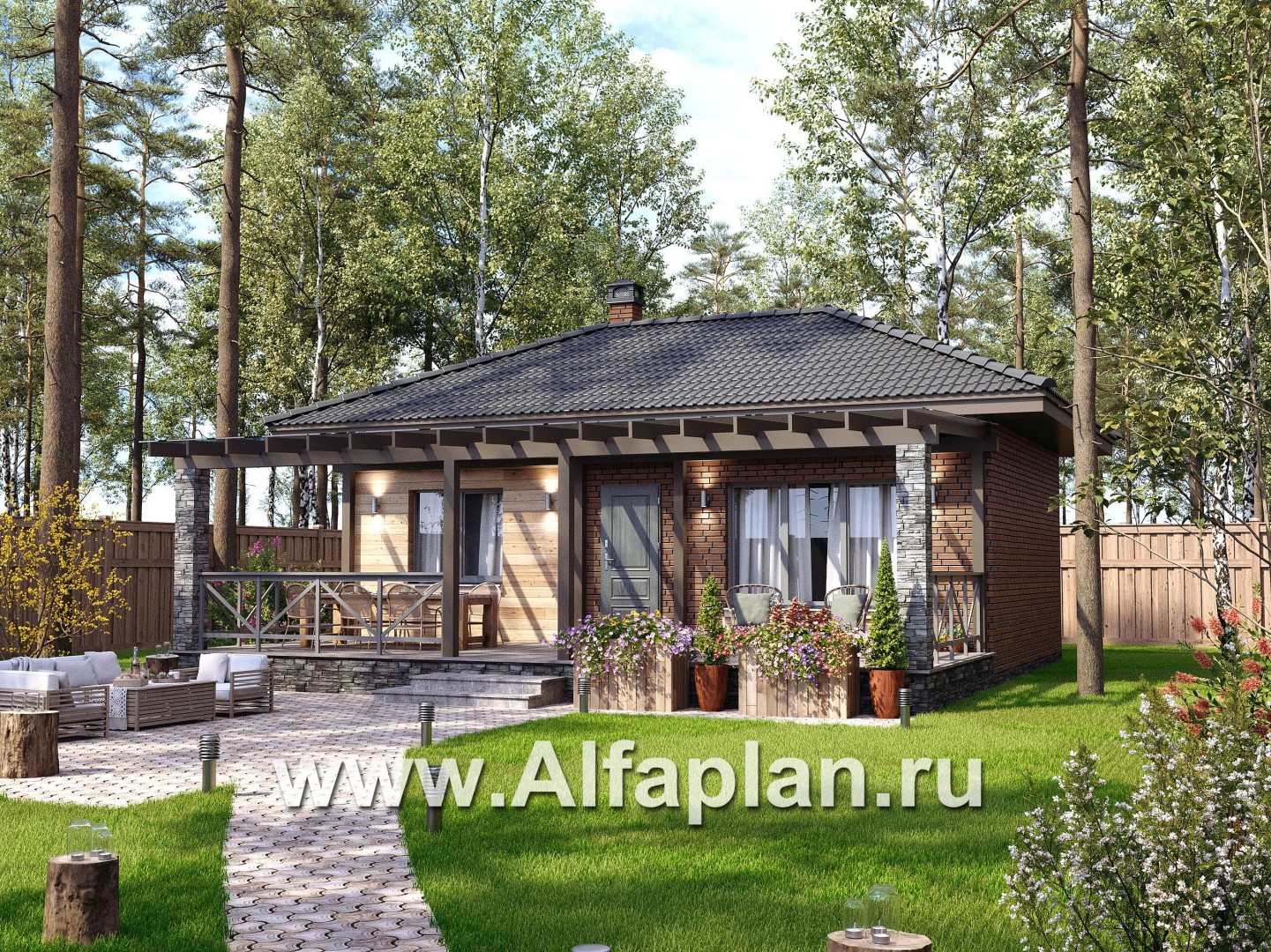 Проект гостевого дома с одной спальней или с сауной, с террасой - основное изображение