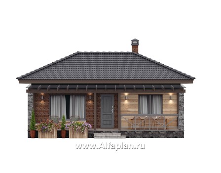 Проект гостевого дома с одной спальней или с сауной, с террасой - превью фасада дома