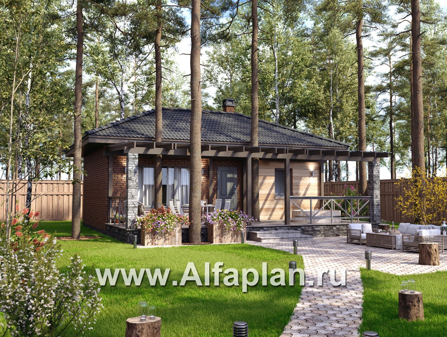 Проект бани, каркасный дом, с большой террасой - основное изображение