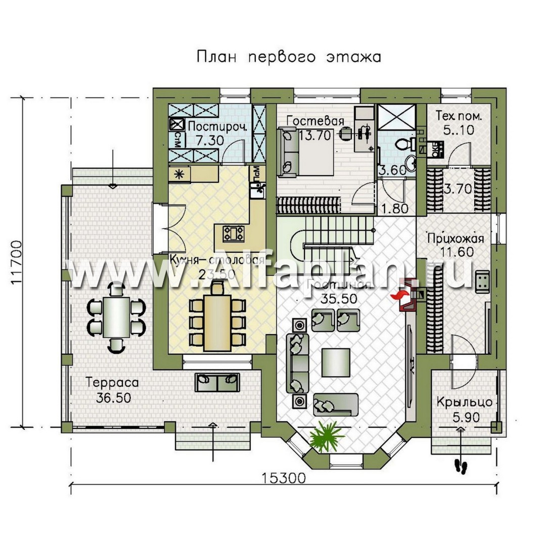 Проекты домов Альфаплан - "Вермеер" - проект двухэтажного дома с эркером и лестницей в гостиной - изображение плана проекта №1