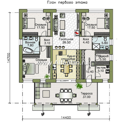 Проекты домов Альфаплан - "Форест" - проект одноэтажного дома с большой террасой - превью плана проекта №1