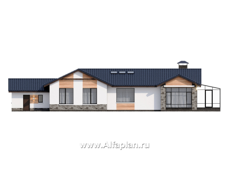 «Альтернатива» - проект одноэтажного дома, мастер спальня, с сауной и с террасой, планировка с зимним садом - превью фасада дома