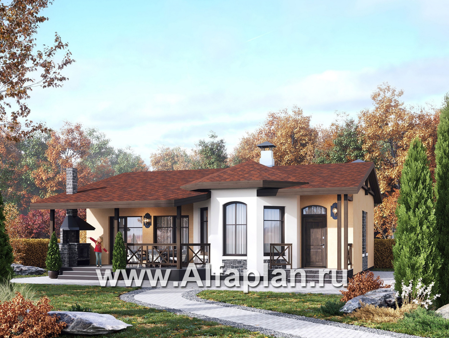 Проекты домов Альфаплан - "Сорренто" - проект одноэтажного дома, две спальни, в средиземноморском стиле - основное изображение