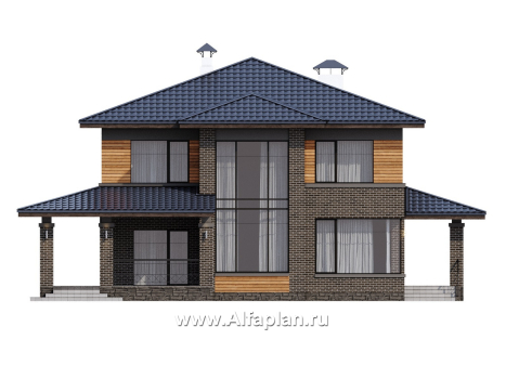 «Триггер роста» - проект двухэтажного дома, план со вторым светом, гостиная со стороны террасы, в стиле Райта - превью фасада дома