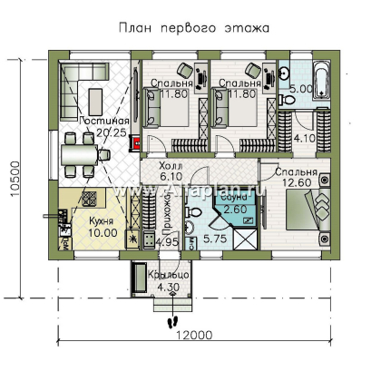 «Пикколо» - проект простого одноэтажного дома, планировка мастер спальня и сауна - превью план дома