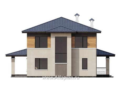 Проекты домов Альфаплан - "Монтана" - проект двухэтажного дома из кирпичей в стиле прерий (Райта) - превью фасада №4