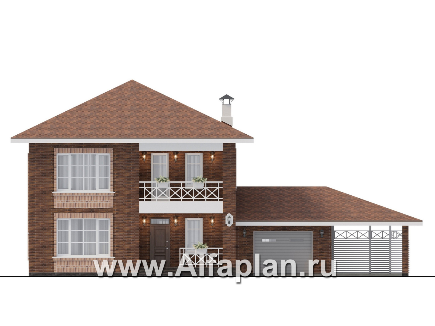 Проекты домов Альфаплан - "Сайма" - двухэтажный дом из кирпичей в баварском стиле, с гаражом - изображение фасада №1