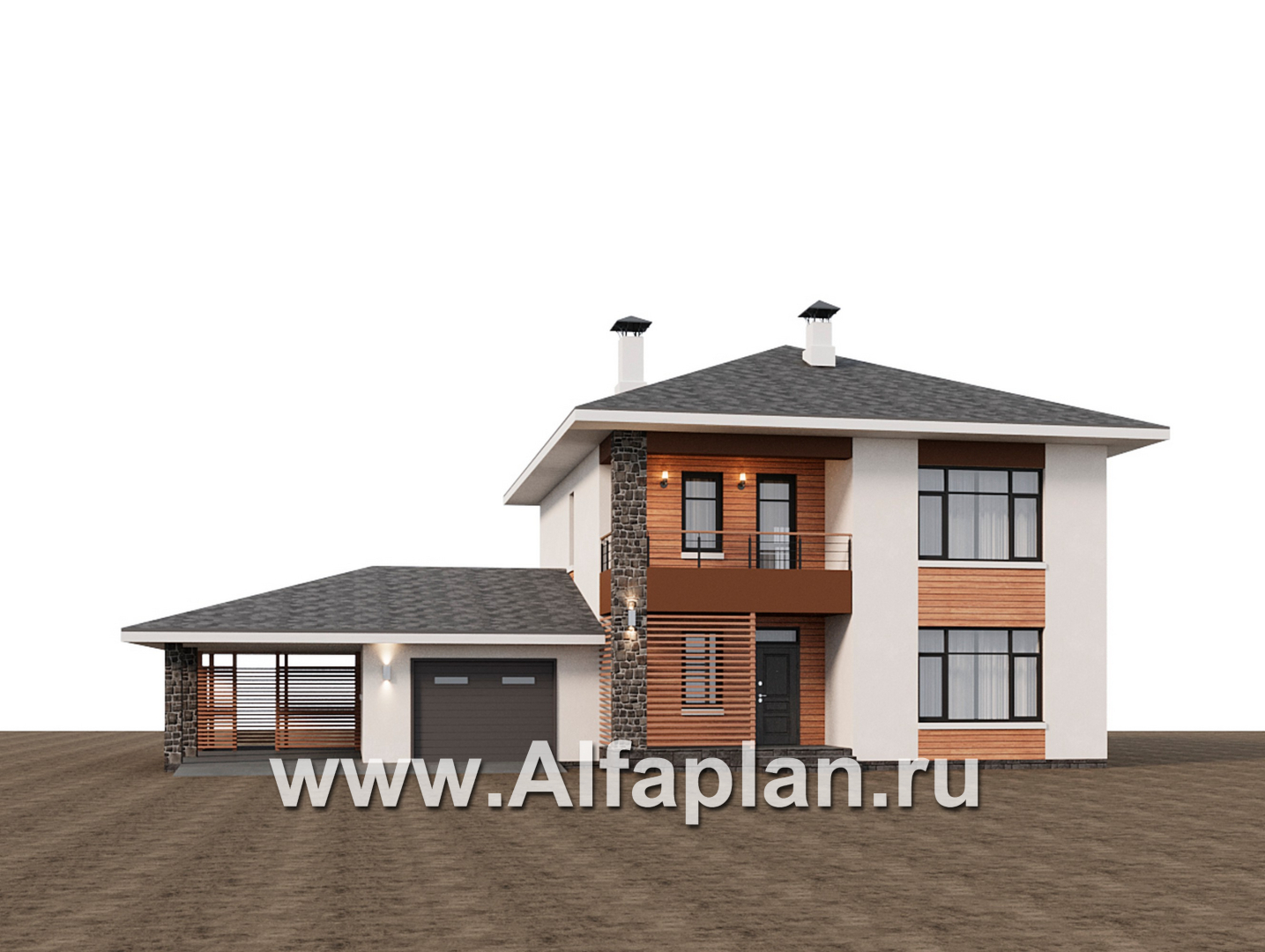 Проекты домов Альфаплан - "Вуокса" - современный двухэтажный коттедж, штукатурные фасады, с гаражом - дополнительное изображение №1