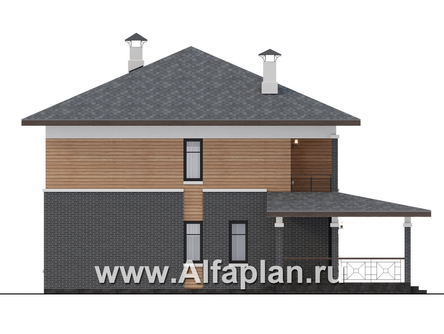 Проекты домов Альфаплан - "Отрадное" - дизайн дома в стиле Райта, с террасой на главном фасаде - изображение фасада №3