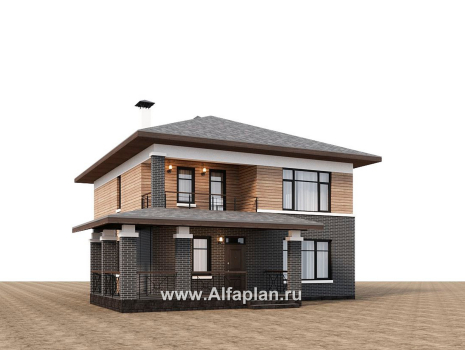 Проекты домов Альфаплан - "Отрадное" - дизайн дома в стиле Райта, с террасой на главном фасаде - превью дополнительного изображения №1