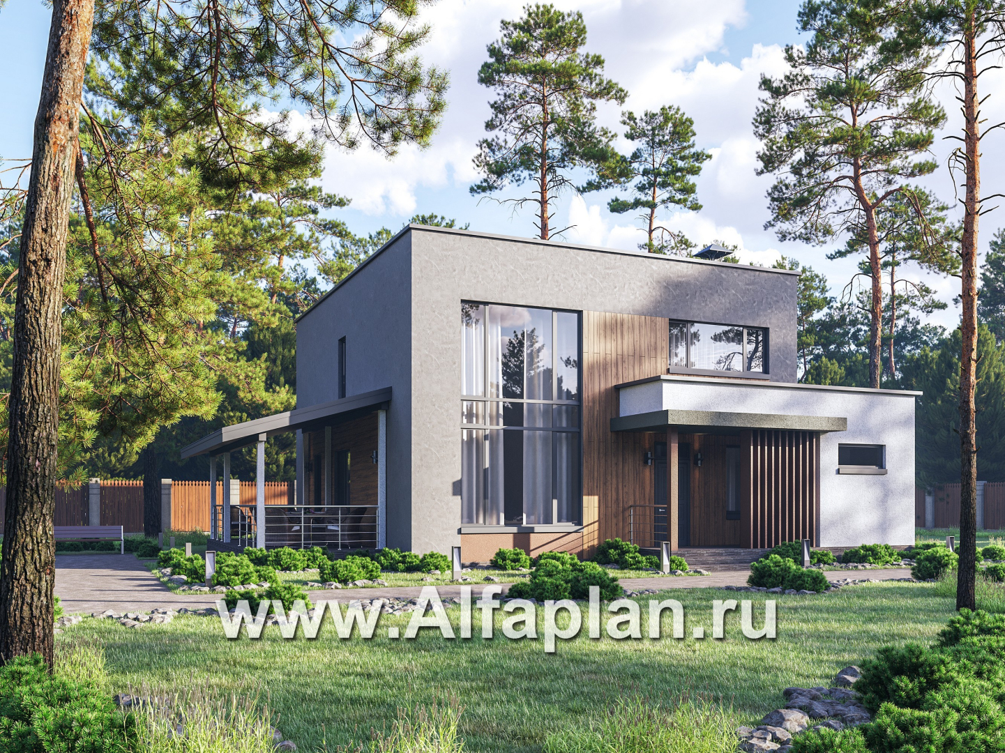 «Коронадо» - проект дома, 2 этажа, со вторым светом гостиной, с террасой и плоской крышей, в стиле хай-тек - основное изображение