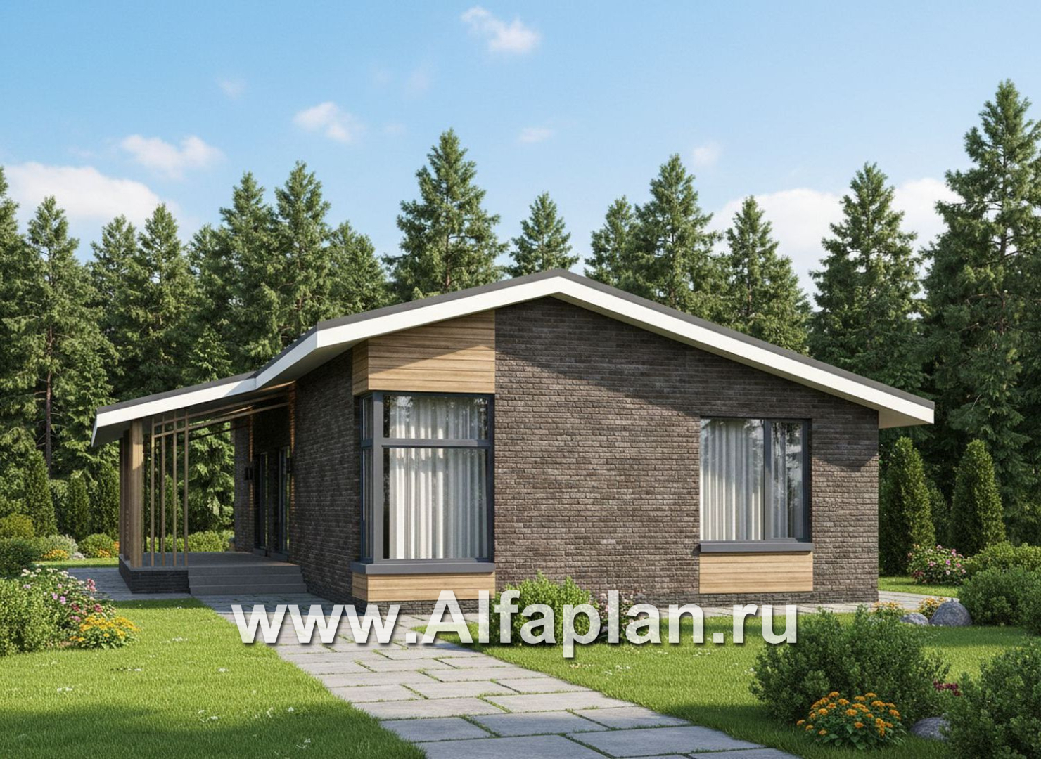 «Алладин» - проект одноэтажного дома, мастер спальня, с террасой и красивым потолком гостиной со стропилами - дизайн дома №2