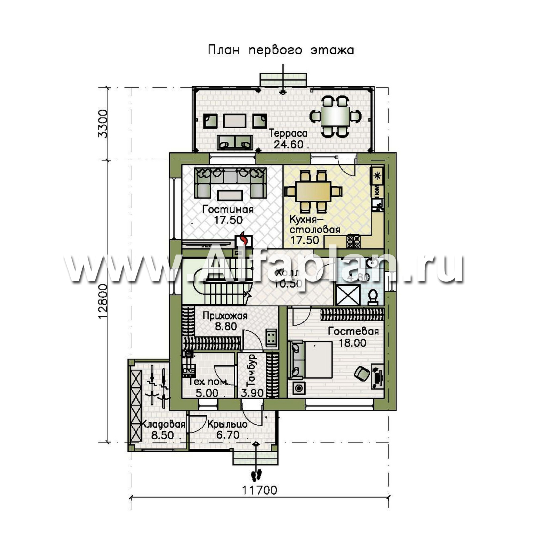 «Чистая линия» - проект дома, 2 этажа, мастер спальня, с террасой, кладовая на входе, в современном стиле - план дома