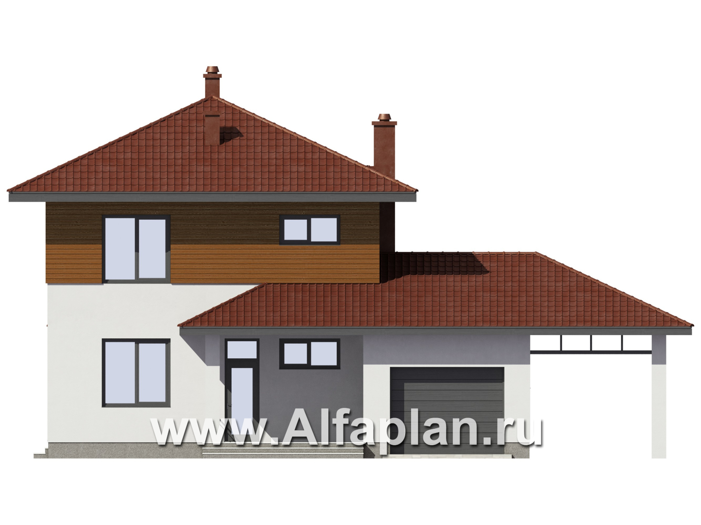 Проект загородного дома, c кабинетом на 1 эт и с террасой, гараж на 1 авто + навес на 2 авто - фасад дома