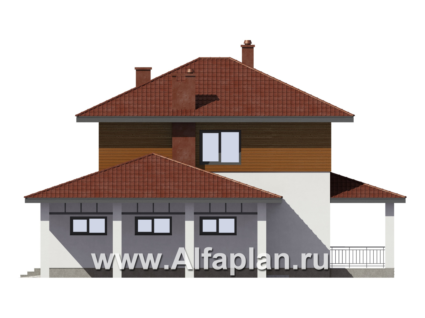 Проект загородного дома, c кабинетом на 1 эт и с террасой, гараж на 1 авто + навес на 2 авто - фасад дома