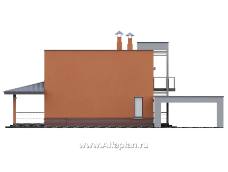 «Невада» - проект двухэтажного дома из газобетона, с террасой, навес на 2 авто, с плоской крышей в стиле минимализм - превью фасада дома
