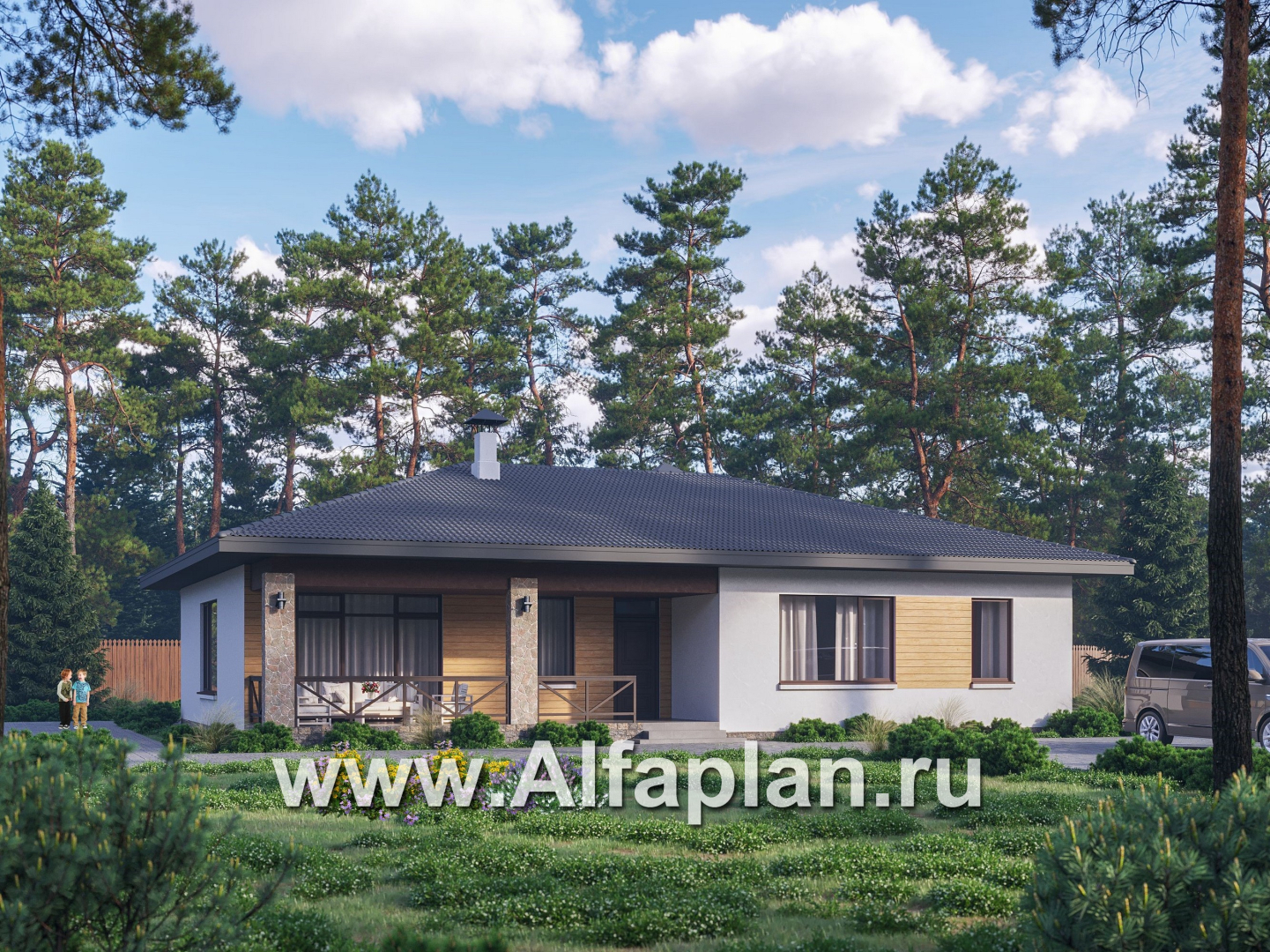 «Serenity» - проект одноэтажного дома, терраса со стороны входа, планировка мастер спальня, 4 спальни - основное изображение